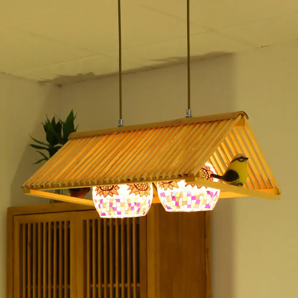 Decorbites modern wood pendant light with warm bamboo roof design, beige fixture, 16/19.5 inch width, e26 e27 compatible