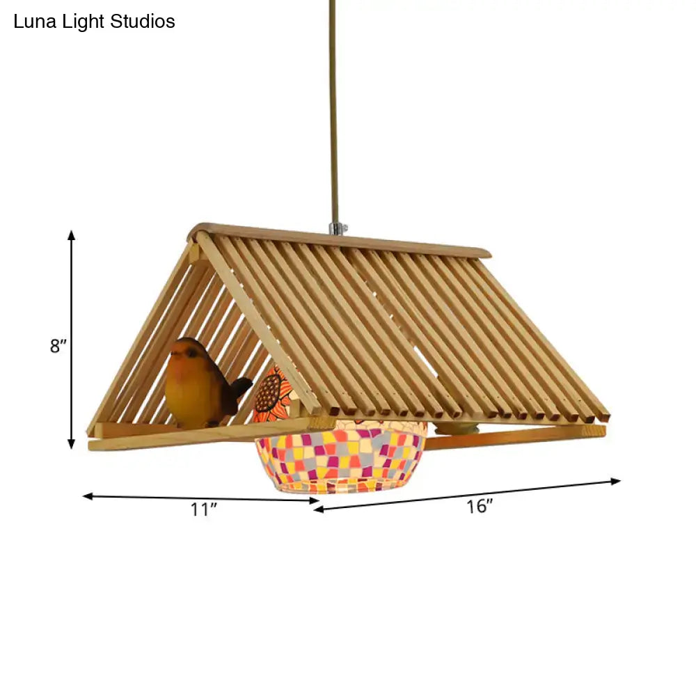 A charming beige decorbites™ modern wood pendant light with a mosaic base and slatted roof fixture width 16 to 19.5 inches e26 e27
