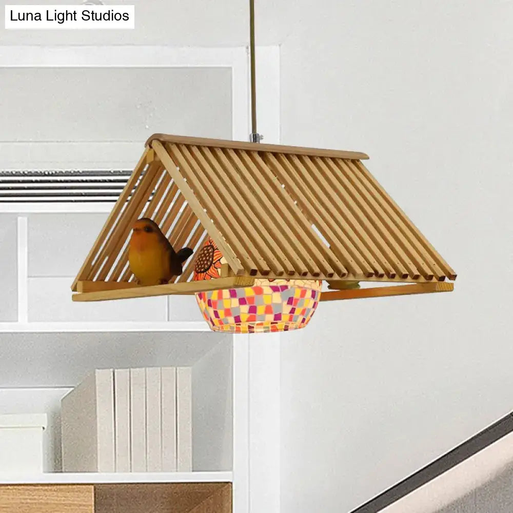 Decorbites modern wood pendant light beige with slatted roof and mosaic glass shade fixture width 16 to 19.5 inches compatible with e26 e27 bulbs