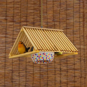 A hanging wooden bird feeder with colorful mosaic base and slatted roof paired with decorbites modern wood pendant light fixture width 16/19.5 inches e26 e27 compatible