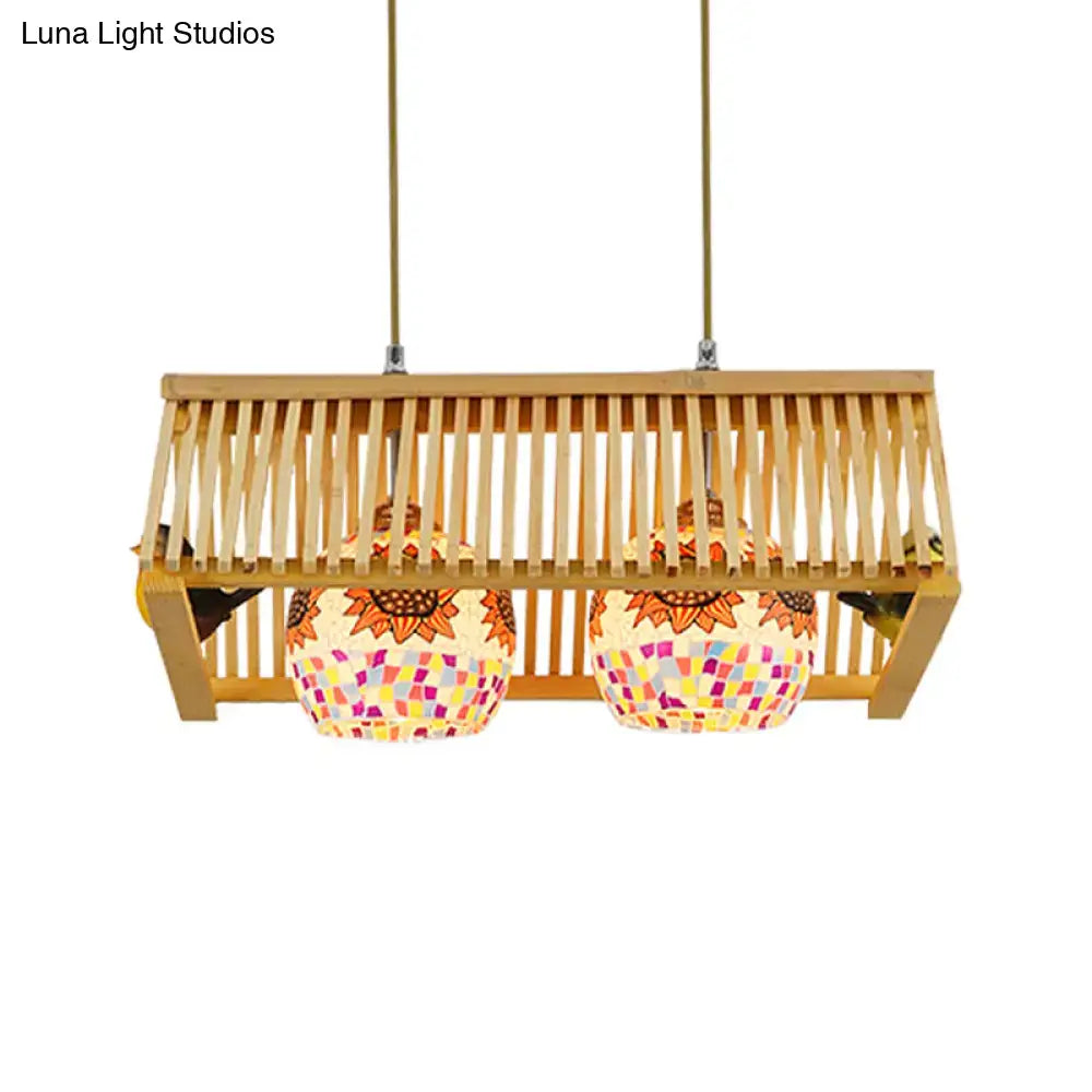 Decorbites modern wood pendant light fixture in beige with wooden slats and sunflower mosaic glass shades 16’’/19.5’’ width e26 e27