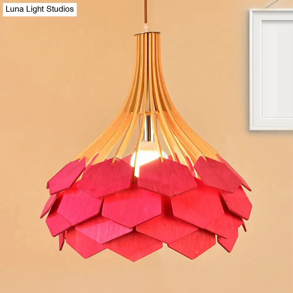 Modern Wood Pine Cone Pendant Lamp - Red/Blue 1-Bulb Hanging Light Fixture for Dining Room