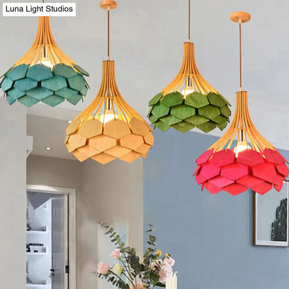 Modern Wood Pine Cone Pendant Lamp - Red/Blue 1-Bulb Hanging Light Fixture for Dining Room