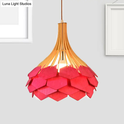 Modern Wood Pine Cone Pendant Lamp - Red/Blue 1-Bulb Hanging Light Fixture for Dining Room