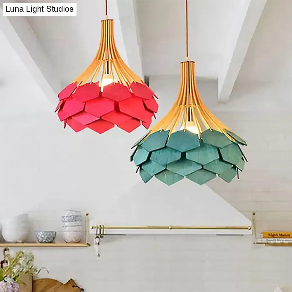 Modern Wood Pine Cone Pendant Lamp - Red/Blue 1-Bulb Hanging Light Fixture for Dining Room