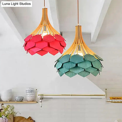 Modern Wood Pine Cone Pendant Lamp - Red/Blue 1-Bulb Hanging Light Fixture for Dining Room