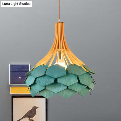 Modern Wood Pine Cone Pendant Lamp - Red/Blue 1-Bulb Hanging Light Fixture for Dining Room