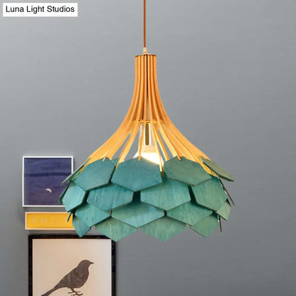 Modern Wood Pine Cone Pendant Lamp - Red/Blue 1-Bulb Hanging Light Fixture for Dining Room