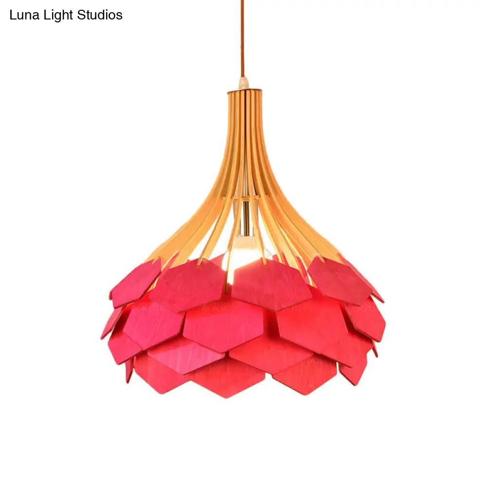 Modern Wood Pine Cone Pendant Lamp - Red/Blue 1-Bulb Hanging Light Fixture for Dining Room