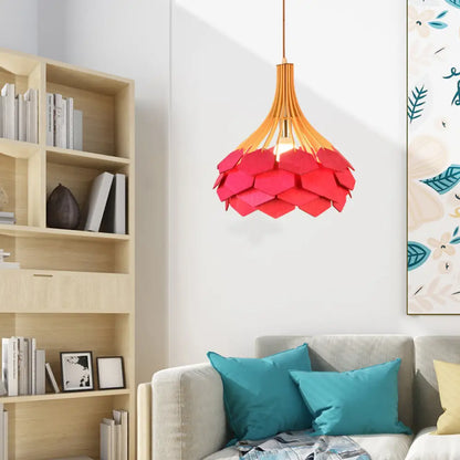 Modern Wood Pine Cone Pendant Lamp - Red/Blue 1-Bulb Hanging Light Fixture for Dining Room