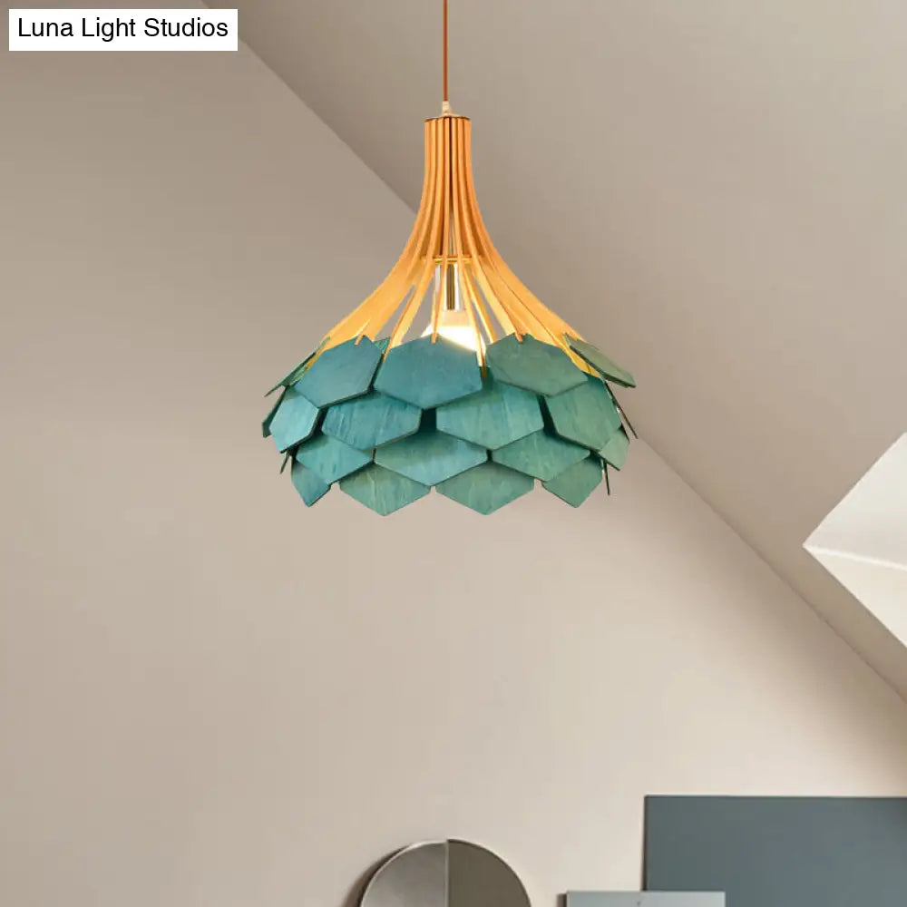 Modern Wood Pine Cone Pendant Lamp - Red/Blue 1-Bulb Hanging Light Fixture for Dining Room