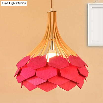 Modern Wood Pine Cone Pendant Lamp - Red/Blue 1-Bulb Hanging Light Fixture for Dining Room