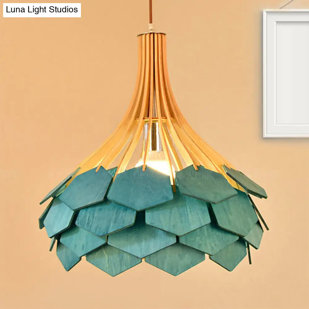 Modern Wood Pine Cone Pendant Lamp - Red/Blue 1-Bulb Hanging Light Fixture for Dining Room