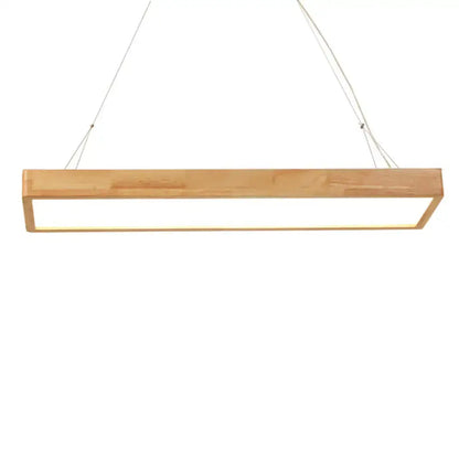 Minimalist natural wood rectangle ceiling light fixture with glowing white warm third gear led panel for dining room