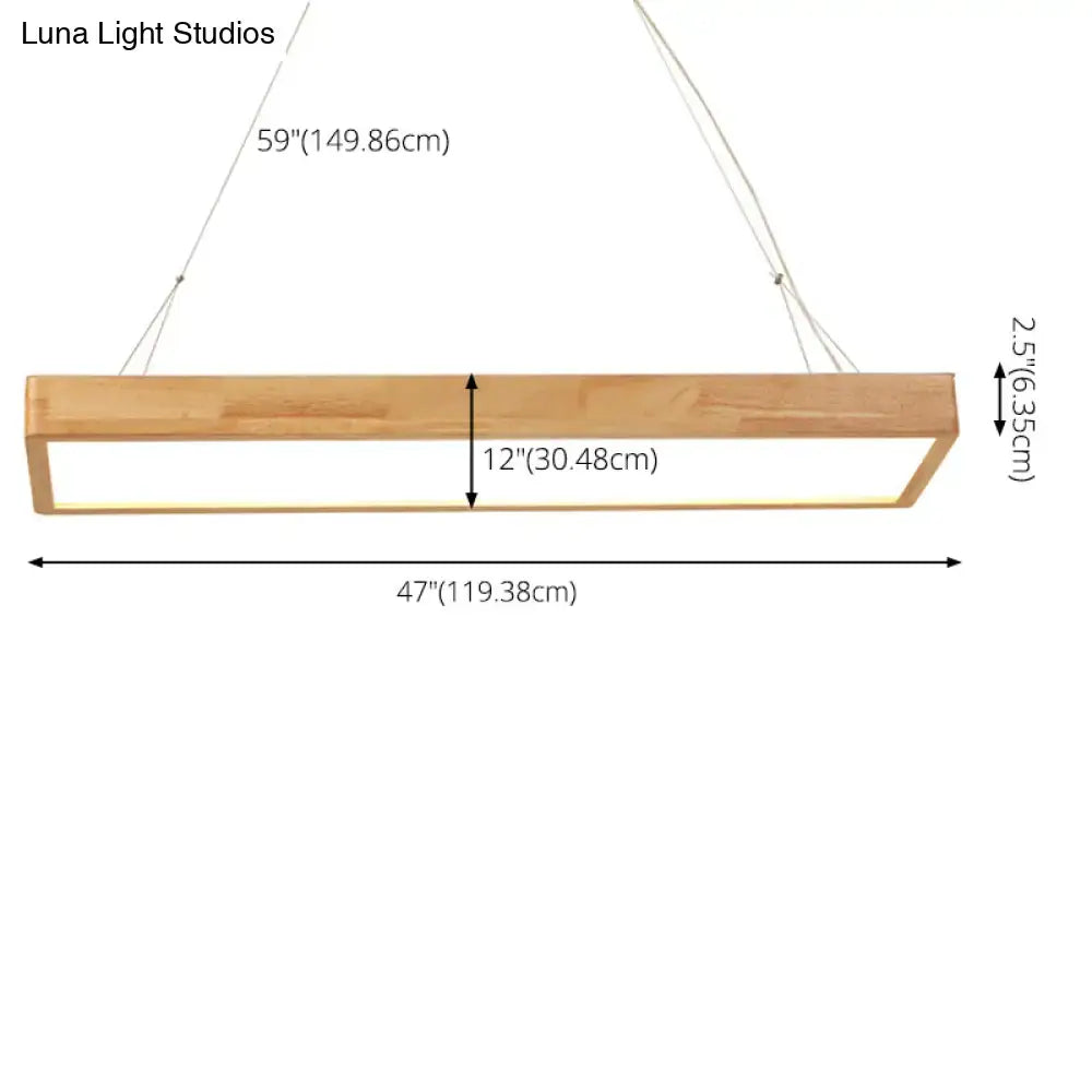 Modern wood rectangle ceiling light fixture with natural wood frame and white warm third gear illuminated panel