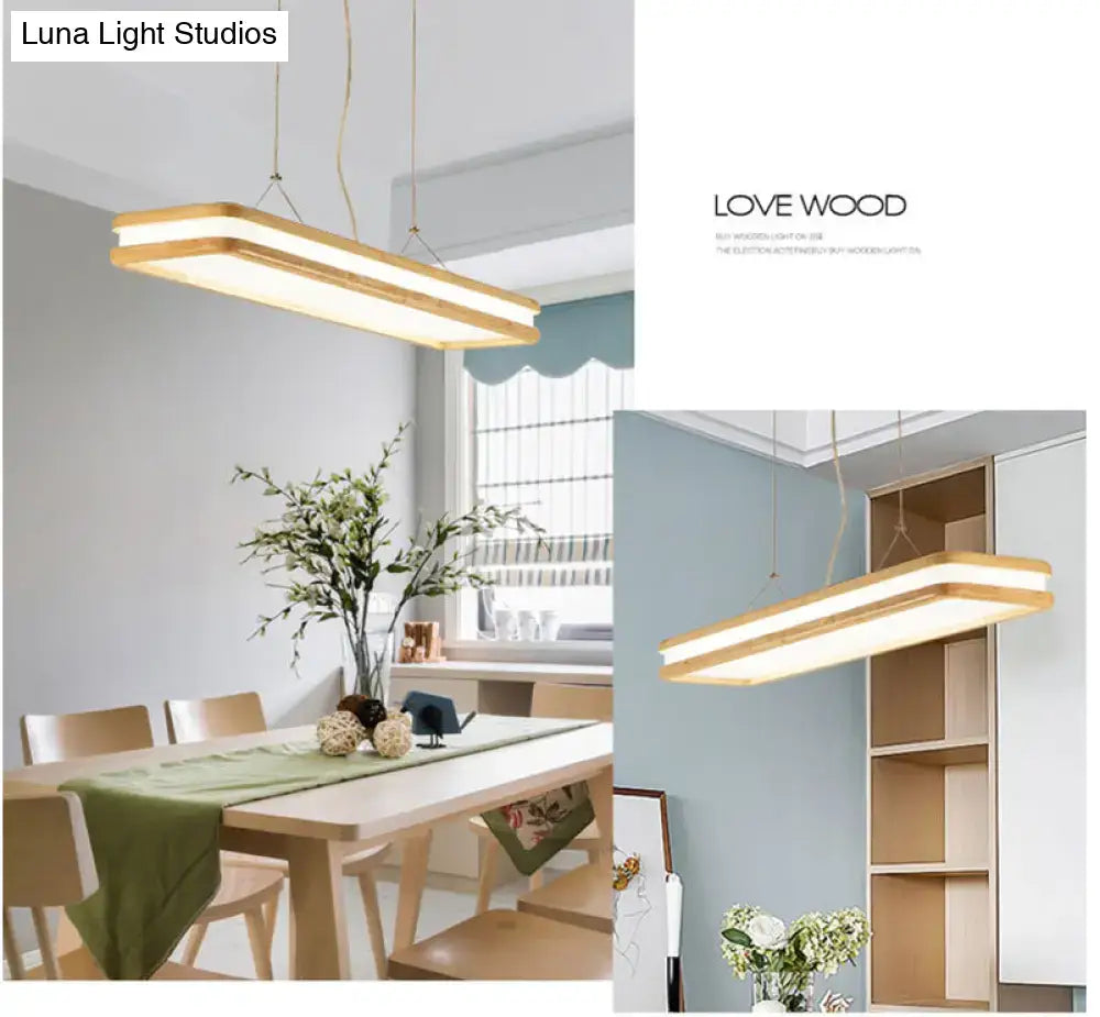 Modern wood rectangular hanging island lamp with warm glow, wooden frame, and frosted glass for dining room lighting