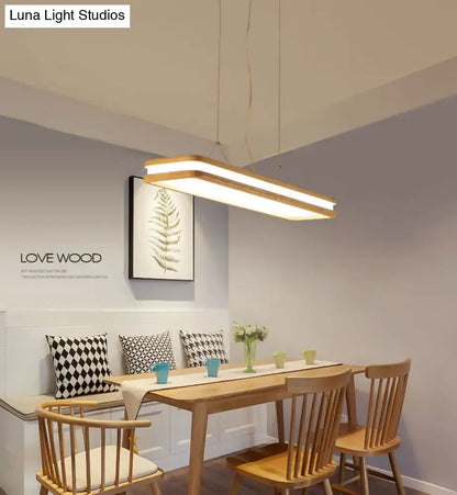 Modern wood rectangular hanging island lamp with sleek wooden frame and integrated led strip for dining room