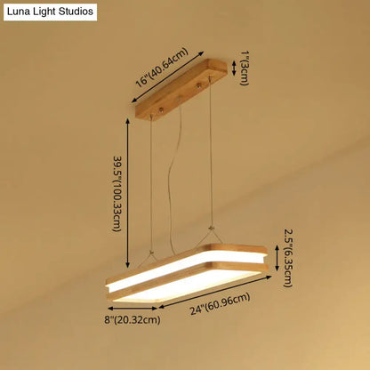 Modern wood rectangular hanging island lamp with warm white led glow framed by natural wood suspended by thin cords