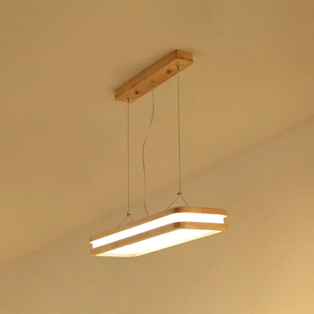Modern wood rectangular hanging island lamp with warm wood frame and glowing led strips for dining room lighting