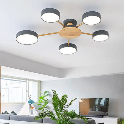 DecorBites™ DecorBites™ Modern Wood Round Semi Flush Ceiling Light with 5 Acrylic Heads - Stylish Lighting for Living Room