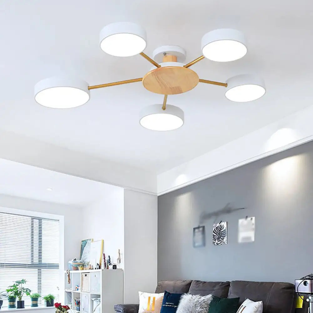 DecorBites™ DecorBites™ Modern Wood Round Semi Flush Ceiling Light with 5 Acrylic Heads - Stylish Lighting for Living Room
