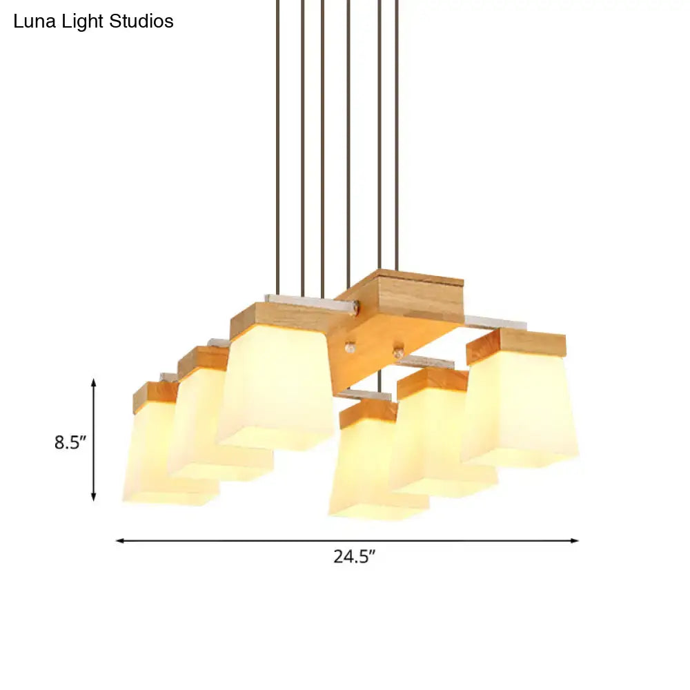 Decorbites™ modern trapezoid island lighting features white frosted glass and wood shelf in a 6-head pendant lamp design