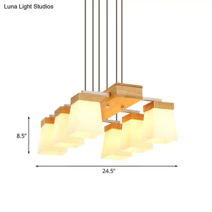 Decorbites™ modern trapezoid island lighting features white frosted glass and wood shelf in a 6-head pendant lamp design