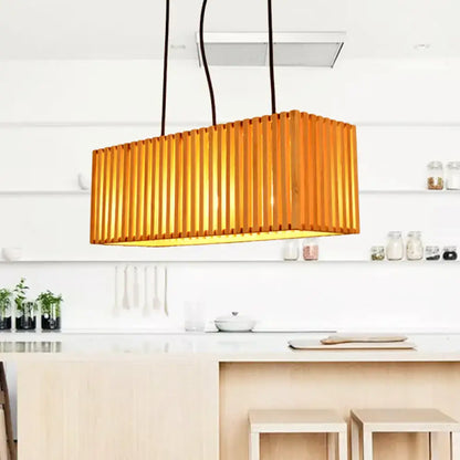 Decorbites modern wood island pendant light with warm amber rectangular shade vertical wooden slats led incandescent