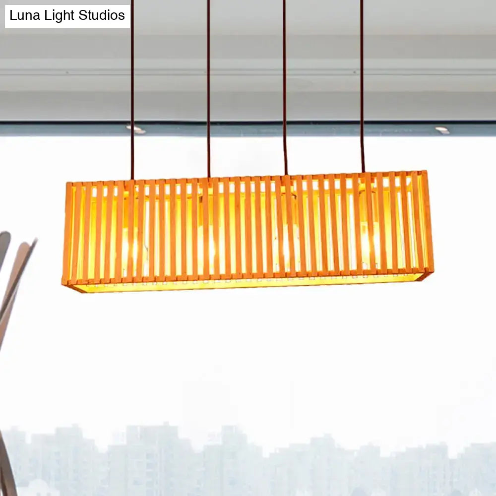 Decorbites modern wood island pendant light with warm orange rectangular slats and led incandescent fluorescent bulbs