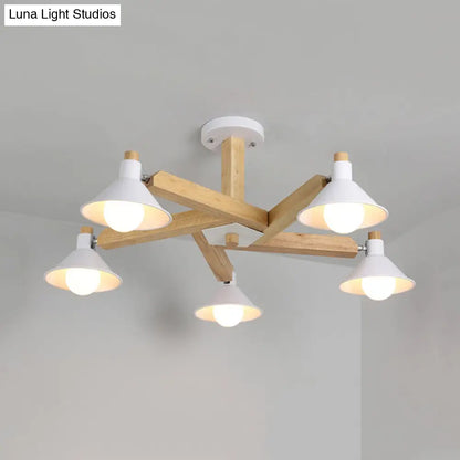 DecorBites™ DecorBites™ Modern Wood Spiral Semi Flush Mount Ceiling Lamp with 5 White Lights and Metal Cone Shade