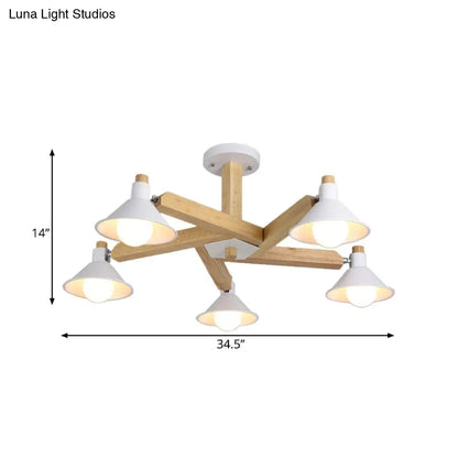 DecorBites™ DecorBites™ Modern Wood Spiral Semi Flush Mount Ceiling Lamp with 5 White Lights and Metal Cone Shade