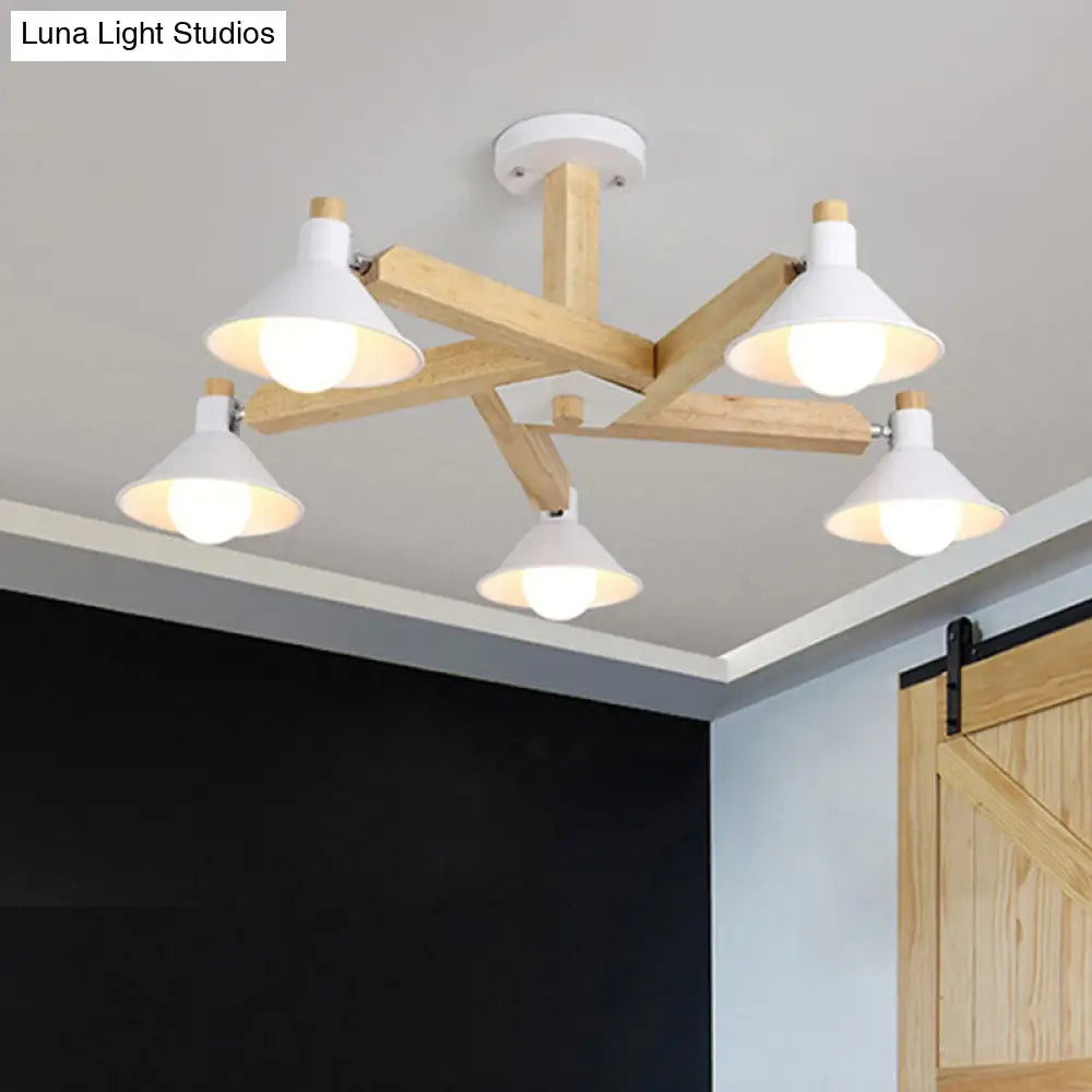 DecorBites™ DecorBites™ Modern Wood Spiral Semi Flush Mount Ceiling Lamp with 5 White Lights and Metal Cone Shade
