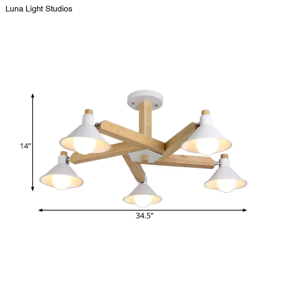 DecorBites™ DecorBites™ Modern Wood Spiral Semi Flush Mount Ceiling Lamp with 5 White Lights and Metal Cone Shade
