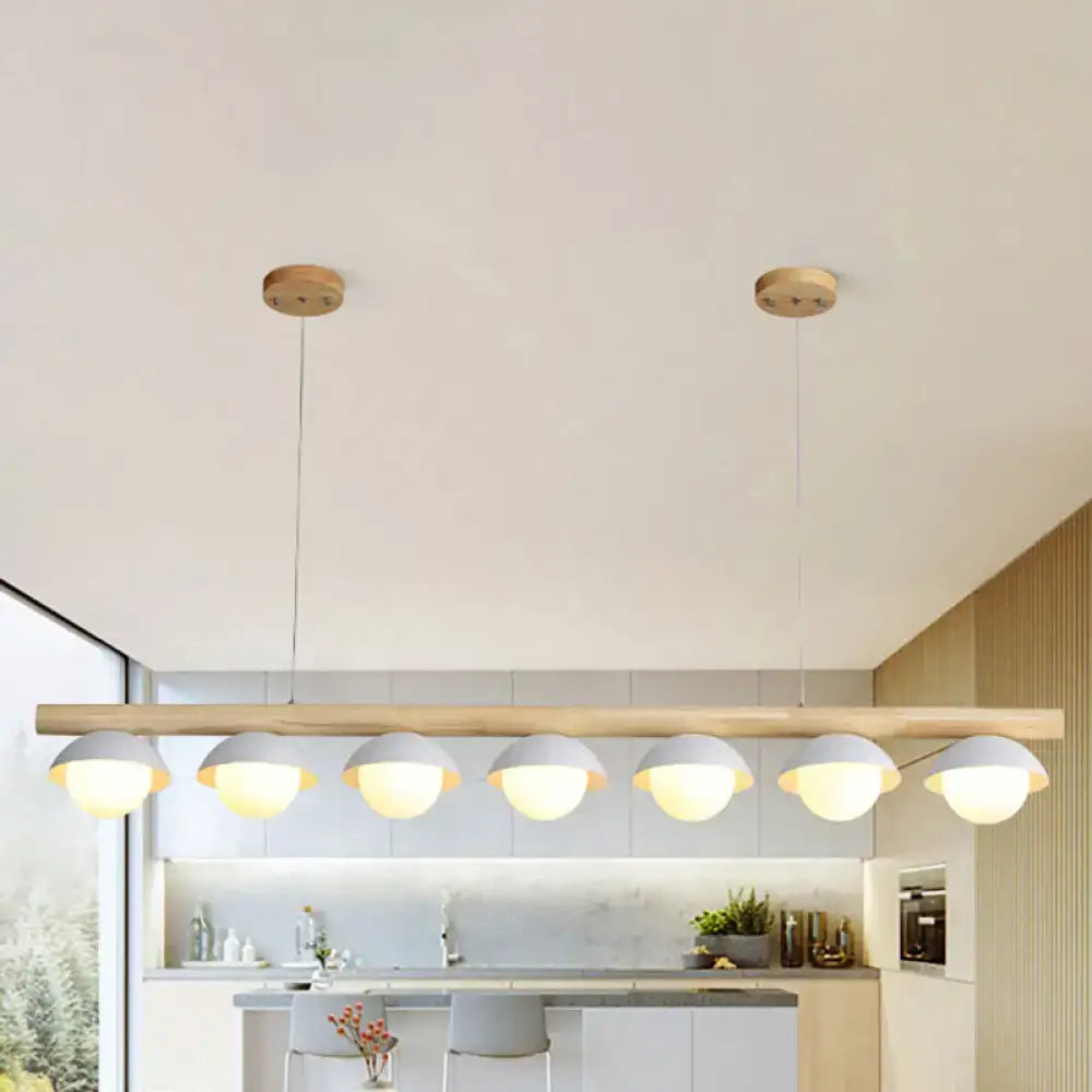DecorBites modern wood stem linear chandelier with six white shade dome bulbs mounted on a wooden bar ideal for restaurants