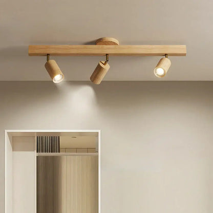 Modern wood ceiling lamp with three adjustable gu10 led spotlights in light wood finish for kitchen decorbites adjustable gu10