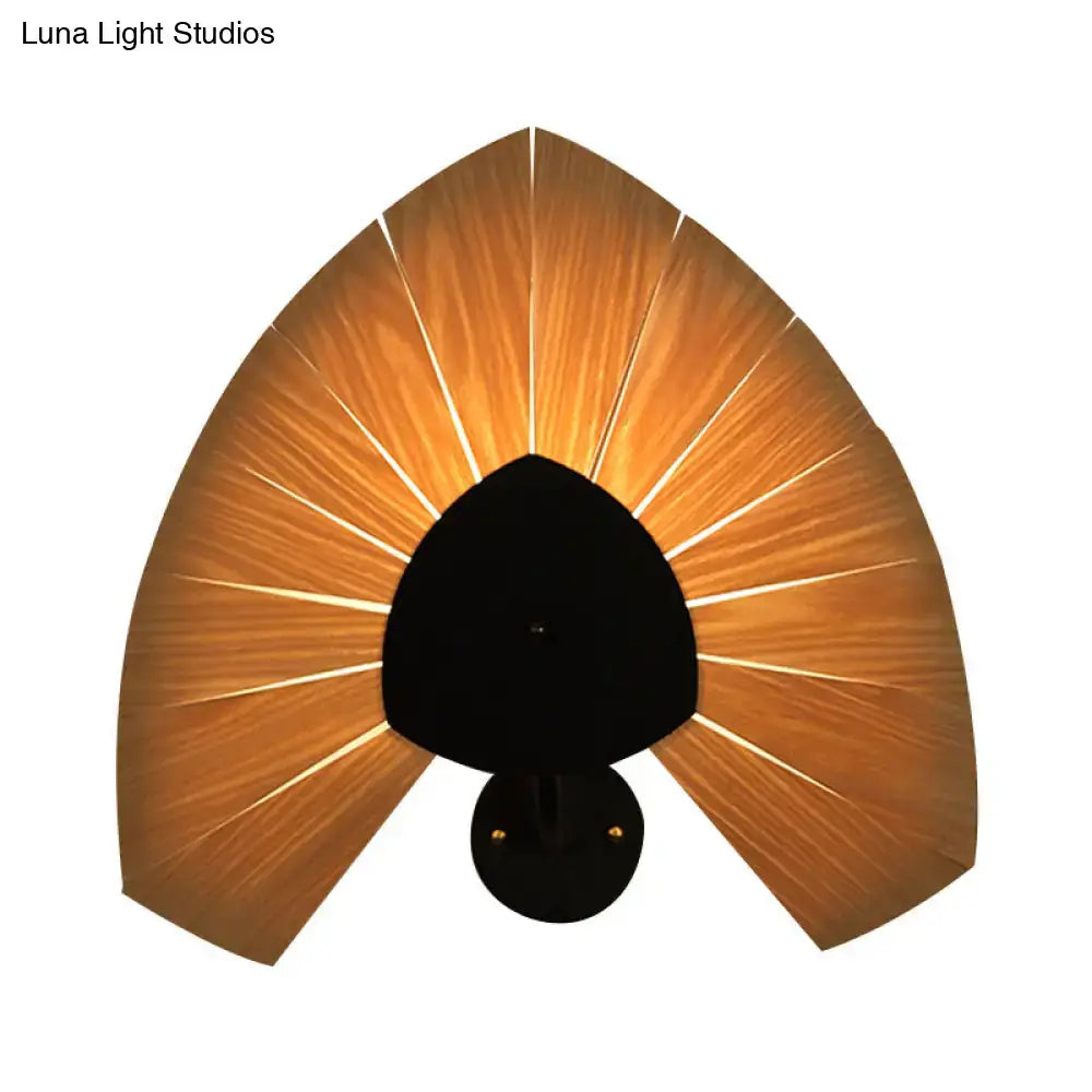 Modern wood veneer fan wall sconce with warm-toned wooden blades and black metal base compatible with e26 e27 bulb base