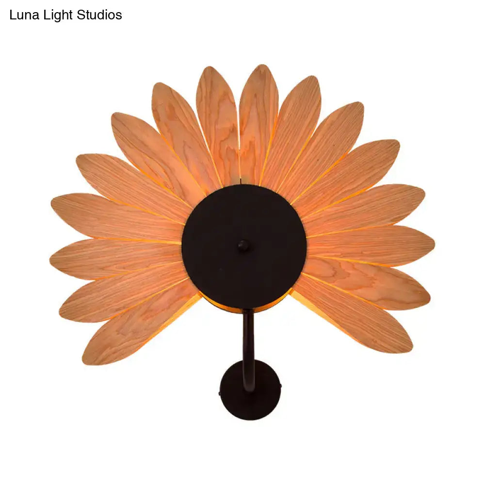 Modern wood veneer sunflower wall sconce with warm wood tones and black metal base for e26 e27 bulb base lighting