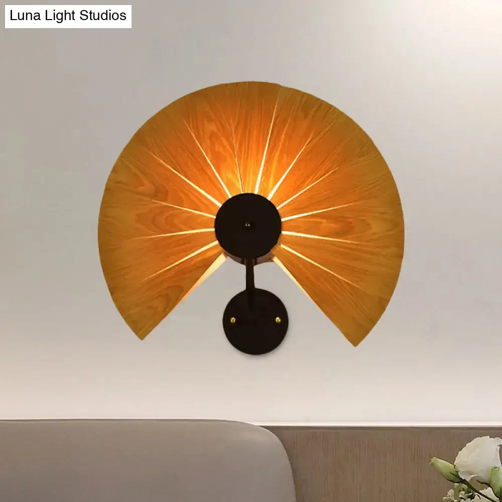 Modern wood veneer fan wall sconce with warm-toned wood and black metal base for e26 e27 bulb base lighting