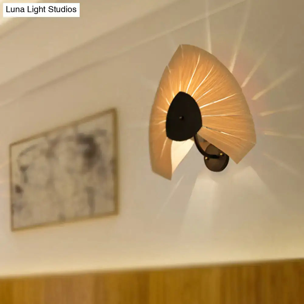 Modern wood veneer fan wall sconce with warm-toned fabric shade and black metal base compatible with e26 e27 bulb base