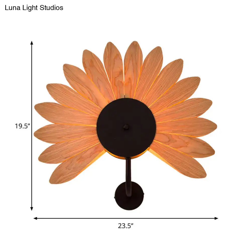 Modern wood veneer fan wall sconce with warm-toned sunflower design black metal base and e26 e27 bulb base for dining room lighting