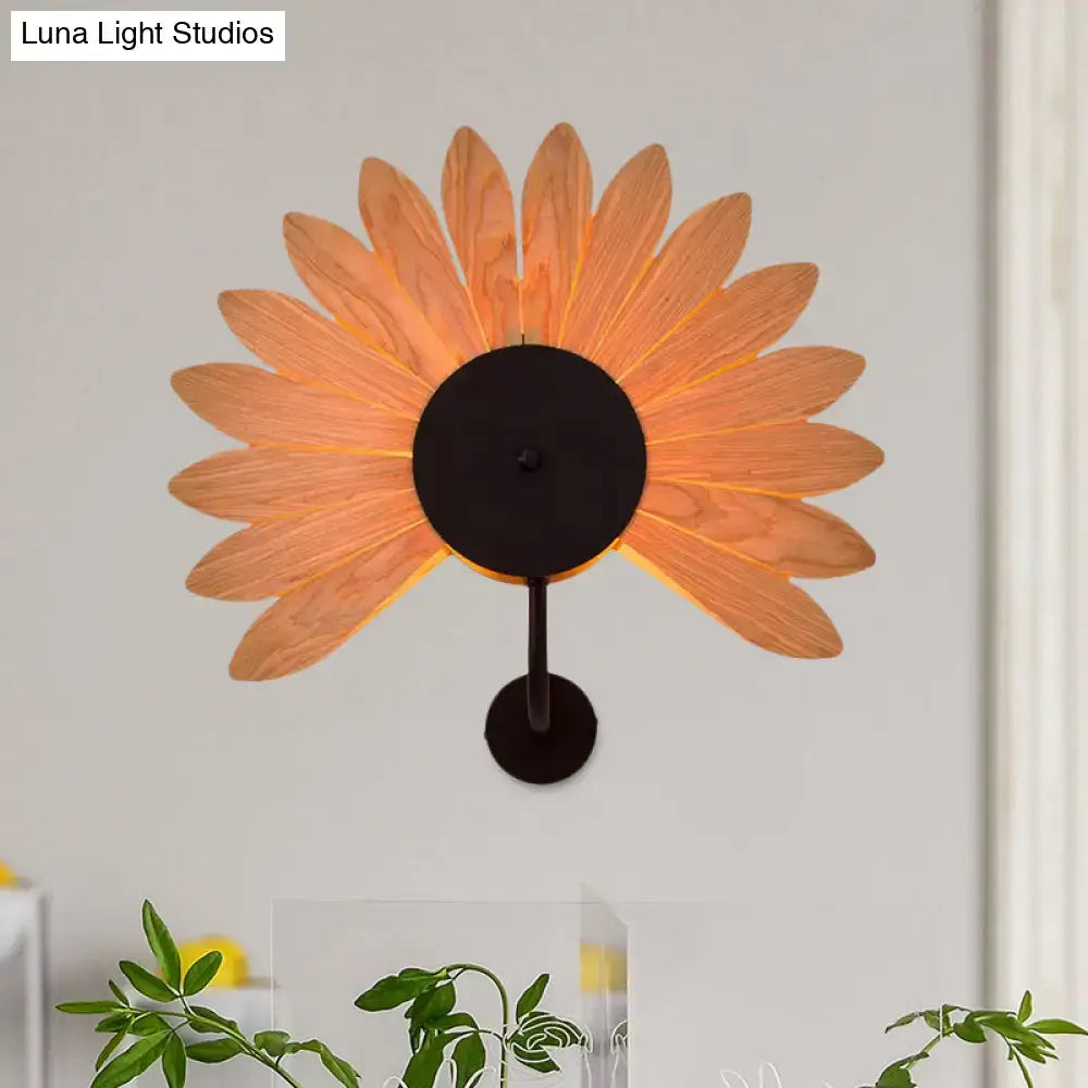 Warm-toned wood veneer sunflower wall sconce with black metal base and e26 e27 bulb base for dining room lighting