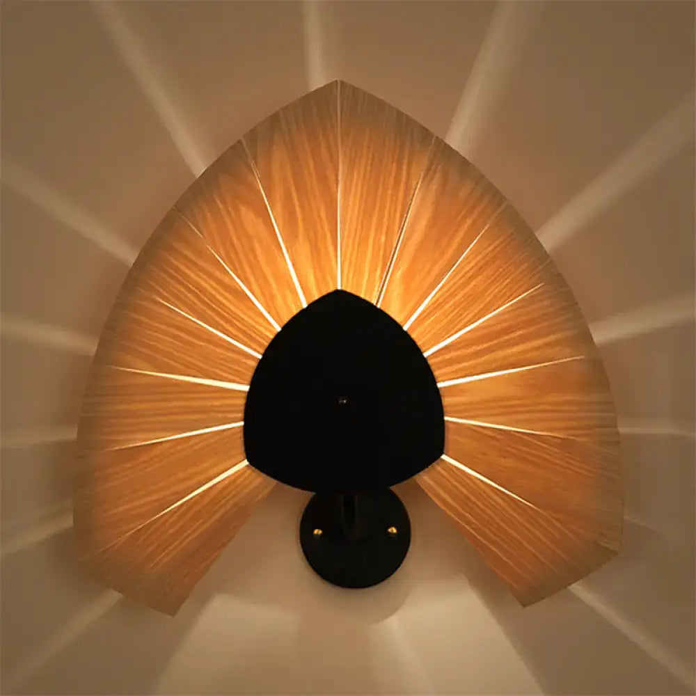 Modern wood veneer fan wall sconce with warm golden hue black base and e26 e27 bulb base for dining room light
