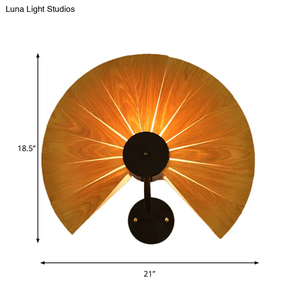 Modern wood veneer fan wall sconce with warm tones, black metal base, and e26 e27 bulb base for dining room lighting
