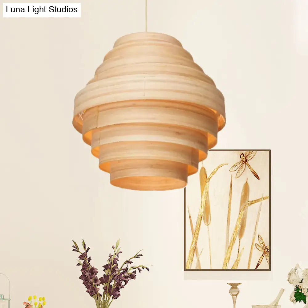 Modern Wooden 1-Light Suspension Pendant for Living Room Ceiling in Natural Wood