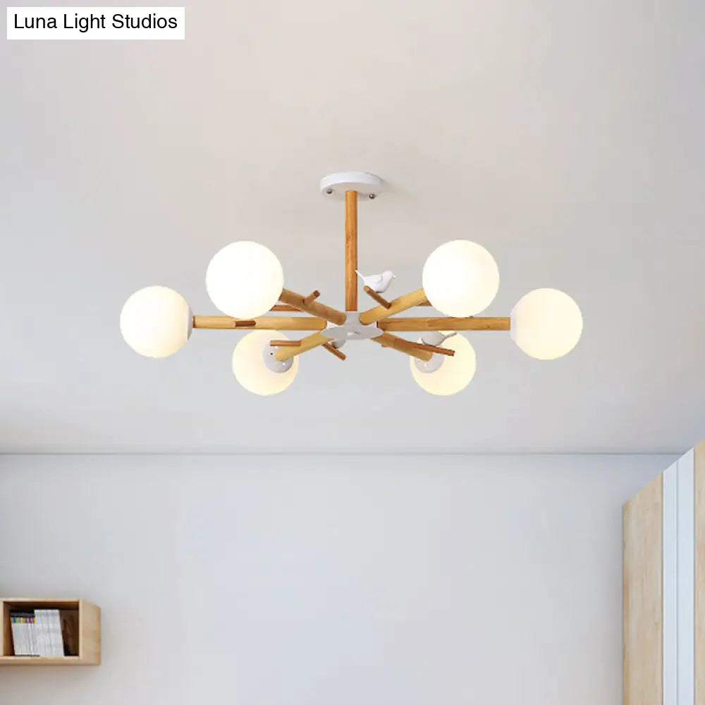DecorBites™ DecorBites™ Modern Wooden Branch Flush Chandelier with Ball Cream Glass Shades - Nordic Design, 3/6/8 Heads, White Semi Flush Ceiling Light