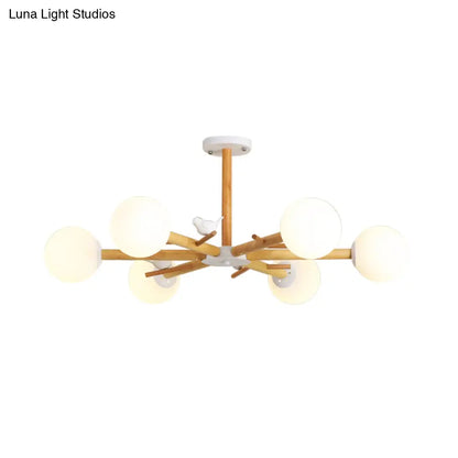DecorBites™ DecorBites™ Modern Wooden Branch Flush Chandelier with Ball Cream Glass Shades - Nordic Design, 3/6/8 Heads, White Semi Flush Ceiling Light