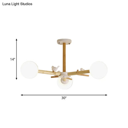 DecorBites™ DecorBites™ Modern Wooden Branch Flush Chandelier with Ball Cream Glass Shades - Nordic Design, 3/6/8 Heads, White Semi Flush Ceiling Light