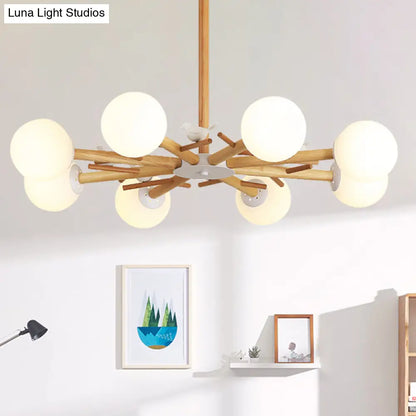DecorBites™ DecorBites™ Modern Wooden Branch Flush Chandelier with Ball Cream Glass Shades - Nordic Design, 3/6/8 Heads, White Semi Flush Ceiling Light