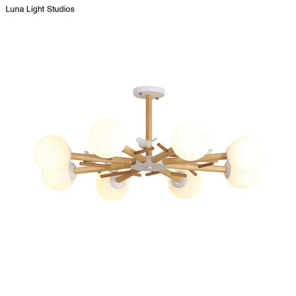 DecorBites™ DecorBites™ Modern Wooden Branch Flush Chandelier with Ball Cream Glass Shades - Nordic Design, 3/6/8 Heads, White Semi Flush Ceiling Light