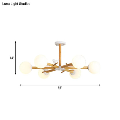 DecorBites™ DecorBites™ Modern Wooden Branch Flush Chandelier with Ball Cream Glass Shades - Nordic Design, 3/6/8 Heads, White Semi Flush Ceiling Light